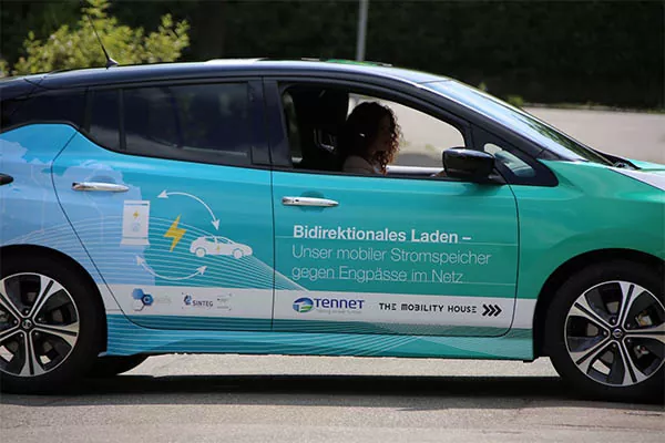 Ein blaugrünes und blaues Elektroauto mit einer Beschilderung über bidirektionales Laden, mit Abbildungen des Energieflusses und Text in deutscher Sprache. Auf dem Fahrersitz sitzt eine Person, die durch das Fenster zu sehen ist.