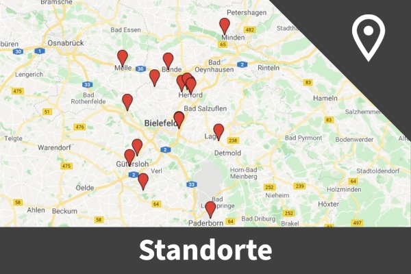 Eine Karte der Region Bielefeld in Deutschland mit roten Standortnadeln, die verschiedene Standorte der Auto Mattern Servicewerkstatt markieren. Die Karte ist unten mit "Standorte" beschriftet, und in der rechten oberen Ecke befindet sich ein Standort-Symbol.