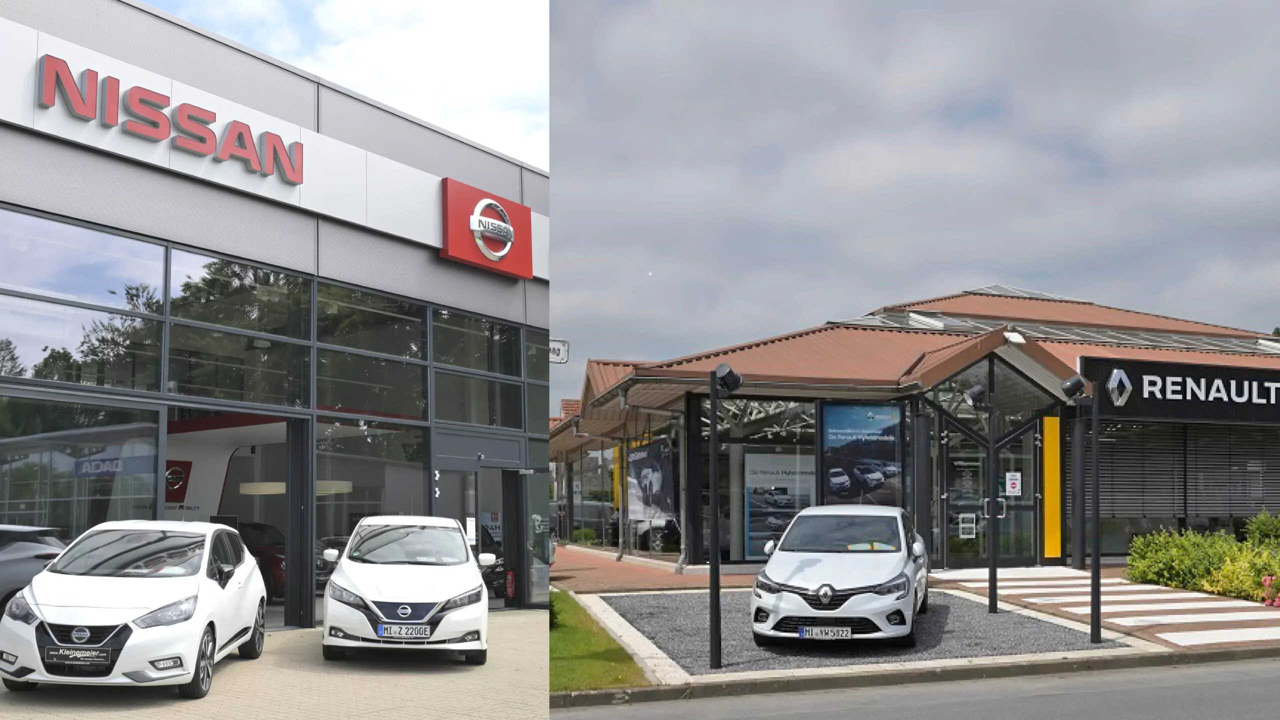 Zwei Bilder nebeneinander: Das linke zeigt das Autohaus Kleinemeier Nissan Minden mit zwei weißen Nissan-Autos davor; das rechte zeigt ein Renault-Autohaus mit einem einzelnen weißen Auto davor. Beide Gebäude haben Glasfassaden und Markenschilder.