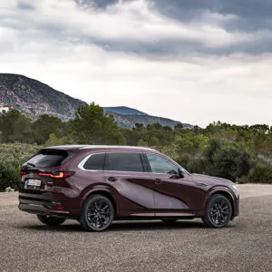 Ein kastanienbrauner Mazda CX-80 als Plug-in-Hybrid steht unter bewölktem Himmel auf einem gepflasterten Platz in der Nähe von Grünflächen und Bergen – entdecken Sie die Möglichkeiten.