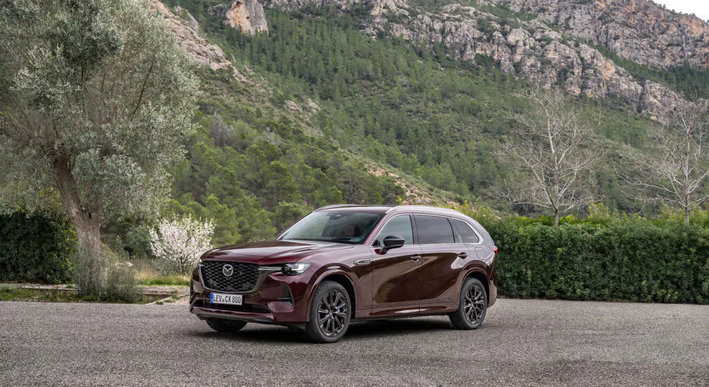 Ein kastanienbrauner Mazda CX-80 als Plug-in-Hybrid steht auf einer gepflasterten Fläche, im Hintergrund sind grüne Bäume, Sträucher und felsige Hügel zu sehen, über ihnen ein teilweise bewölkter Himmel – entdecken Sie die Möglichkeiten.