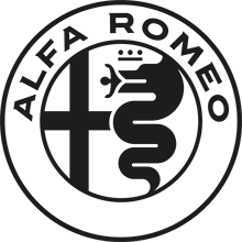 Schwarz-weißes Alfa Romeo-Logo mit einem geteilten Kreis mit einem Kreuz auf der linken Seite und einer gekrönten Schlange, die eine Figur frisst, auf der rechten Seite, umgeben von der Aufschrift ALFA ROMEO.