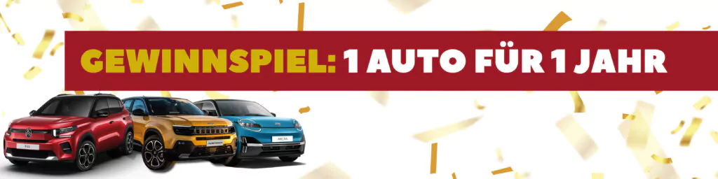 Drei Autos (rot, blau, türkis) sind unter einem fetten Banner mit der Aufschrift "GEWINNSPIEL: 1 AUTO FÜR 1 JAHR" vor einem weißen Hintergrund mit goldenem Konfetti abgebildet und werben für eine einjährige Werbeaktion für Autos.