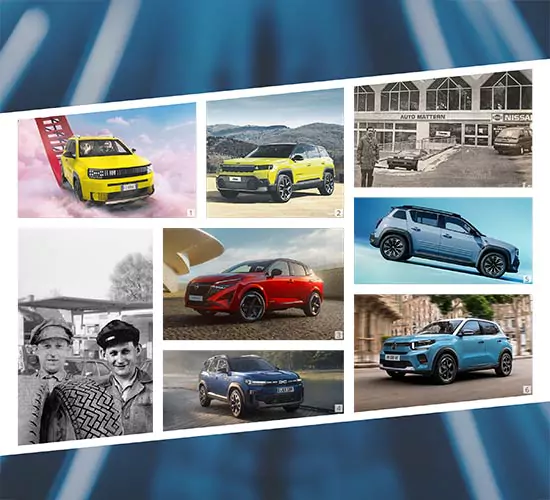 Eine Collage aus neun Bildern, die verschiedene Autos in unterschiedlichen Farben und Umgebungen zeigen, darunter alte Schwarz-Weiß-Fotos und moderne Fahrzeuge im Freien und in städtischen Umgebungen, wobei ein Auto auf einer Rampe steht, die von rosa Wolken umgeben ist.