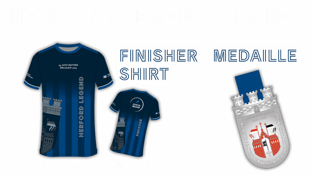 Dunkelblaues Finisher-Shirt mit Herford-Legenden-Schriftzug und einer silbernen Medaille mit Stadtwappen auf schwarzem Hintergrund mit fettgedrucktem HERFORD LEGENDS PAKET - perfekt, um Ihre Leistung beim Auto Mattern Wällelauf 10km zu feiern.