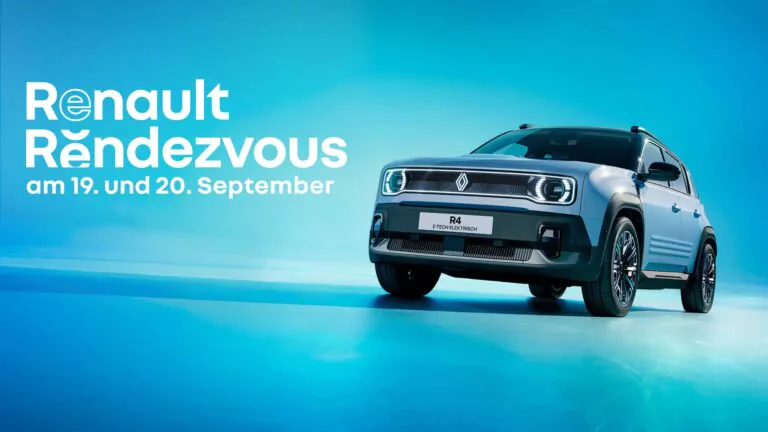 Ein Renault R4 EV ist auf einem hellblauen Hintergrund abgebildet. Der weiße Text lautet: Renault Rendezvous am 19. und 20. September - inklusive Nissan Micra Vorschau.