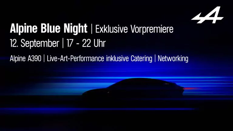 Veranstaltungsflyer für die exklusive Alpine Blue Night am 12. September, 17-22 Uhr, mit Alpine A390, Live-Kunstperformance, Catering und Networking. Der Hintergrund zeigt eine blaue Silhouette eines Autos mit Alpine-Logo.