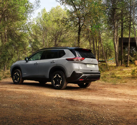 Ein silberner Geländewagen ist auf einem unbefestigten Weg in einem Waldgebiet mit grünen Bäumen und durchdringendem Sonnenlicht geparkt. Das Fahrzeug ist zur Seite gerichtet, und die Umgebung vermittelt den Eindruck einer friedlichen, natürlichen Umgebung.