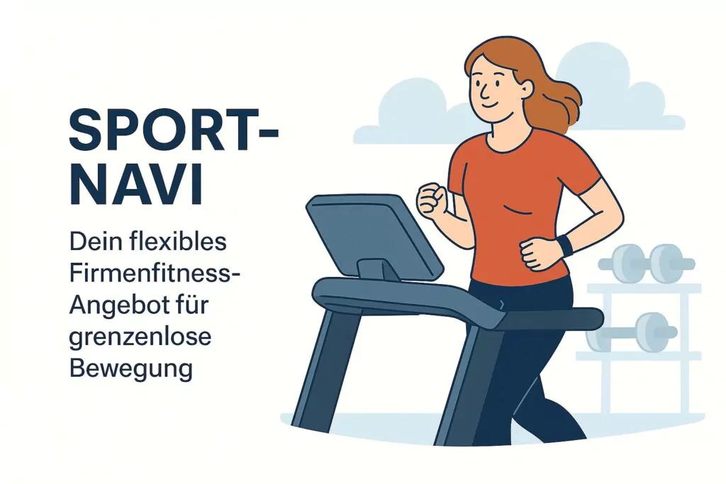 Illustration einer Frau, die auf einem Laufband neben Hanteln läuft, mit einem Text in deutscher Sprache, der für ein flexibles Firmenfitnessprogramm namens Sport-Navi für unbegrenzte Bewegung wirbt.