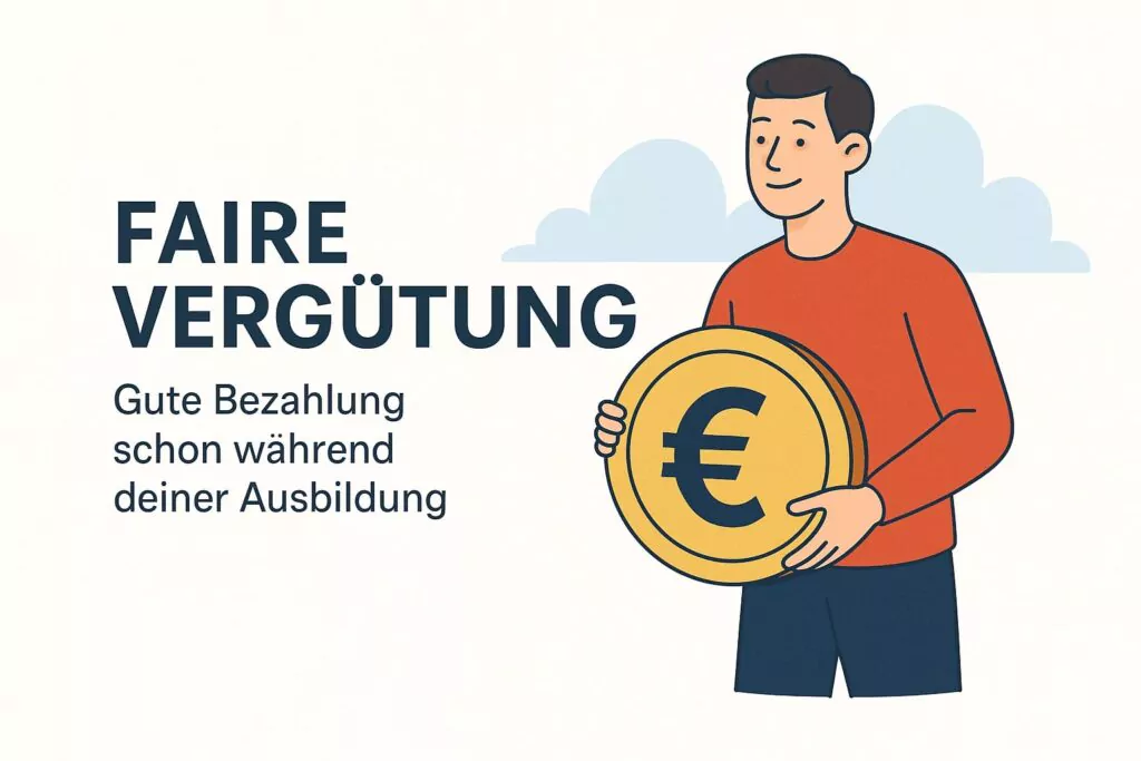 Illustration einer lächelnden Person, die eine große Münze mit einem Euro-Symbol hält. Daneben steht ein Text auf Deutsch: Faire Vergütung. Gute Bezahlung schon während deiner Ausbildung.