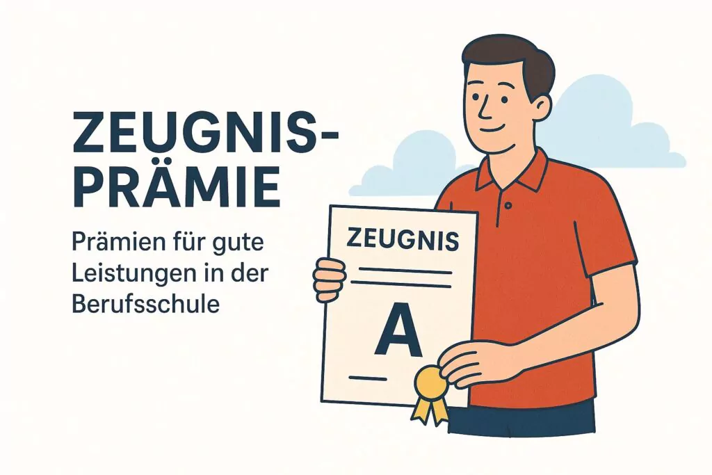 Illustration einer lächelnden Person, die ein Zeugnis mit der Note A und ein Band in der Hand hält. Der Text daneben lautet: Zeugnis-Prämie: Prämien für gute Leistungen in der Berufsschule.