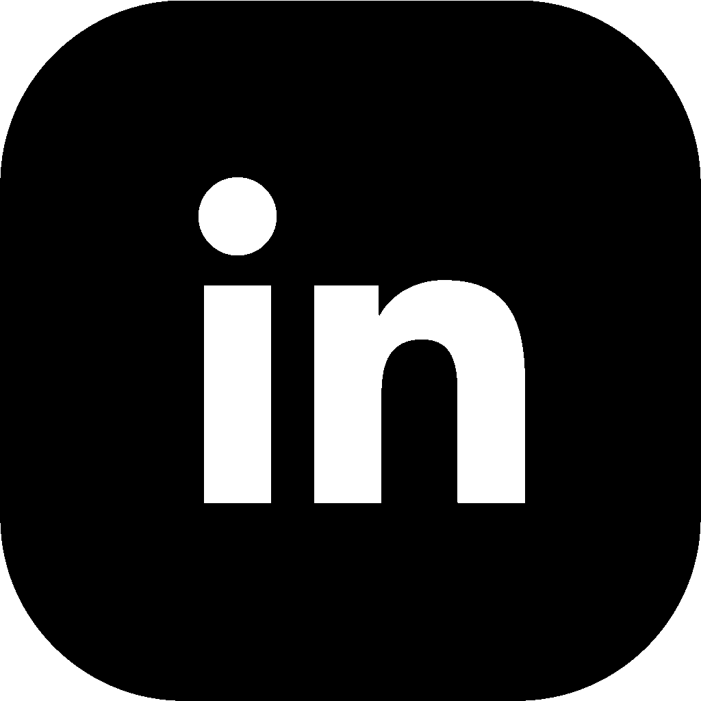 LinkedIn-Logo: Ein weißer Kleinbuchstabe in und ein weißer Punkt über dem i, vor einem schwarzen, abgerundeten, quadratischen Hintergrund.
