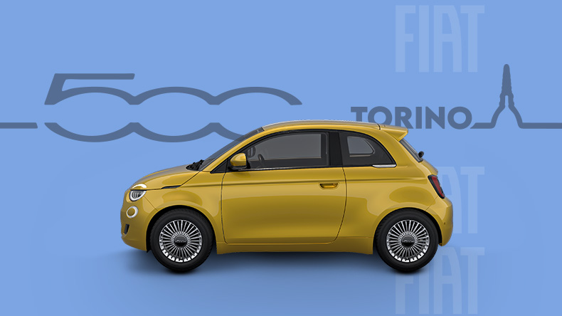 Ein gelber Fiat 500 wird im Profil vor einem blauen Hintergrund mit stilisierten 500, FIAT, TORINO und einer Skyline im Hintergrund gezeigt.