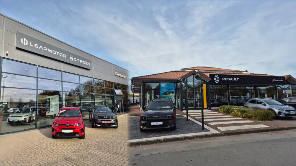 Autohaus Kleinemeier, ein Unternehmen der Mattern GmbH in Minden: Leapmotor, Citroën,Renault und Nissan. Mehrere Autos parken draußen auf einem gepflasterten Parkplatz unter freiem Himmel.