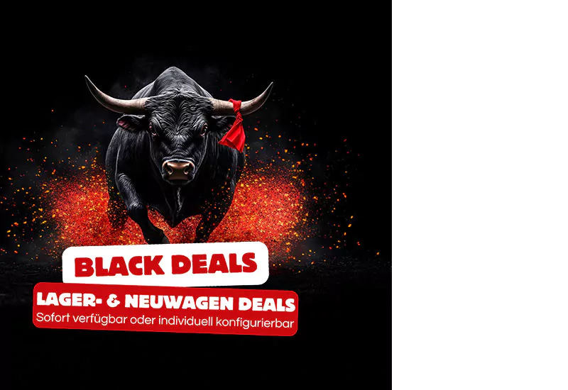 Ein schwarzer Stier mit einem roten Tuch um den Hals stürmt vorwärts, wobei rote Funken fliegen. Der Text lautet: BLACK DEALS und LAGER- & NEUWAGEN DEALS. Sofort verfügbar oder individuell konfigurierbar.