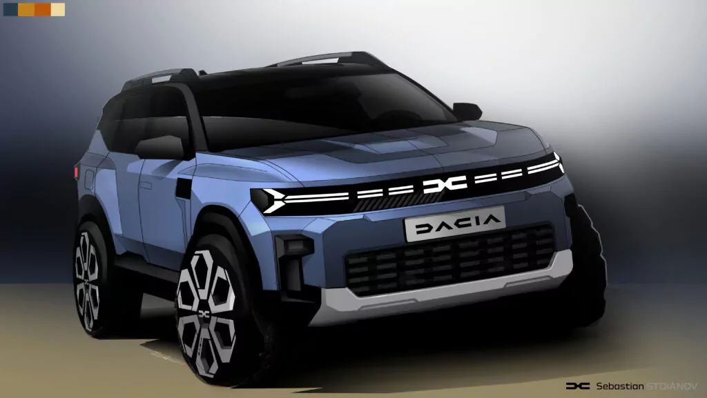 Digitales Rendering eines blauen Dacia-Konzept-SUV mit kühnen, kantigen Linien, großen Rädern, modernen LED-Scheinwerfern und einem markanten Kühlergrill mit dem Dacia-Logo.