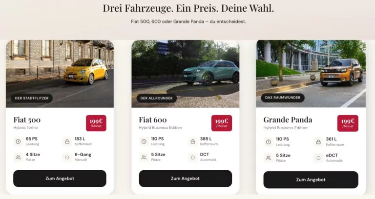Drei Autos - Fiat 500, Fiat 600 und Grande Panda - werden mit ihren Merkmalen und monatlichen Preisen in einer Vergleichstabelle unter der Überschrift Drei Fahrzeuge. Ein Preis. Deine Wahl.