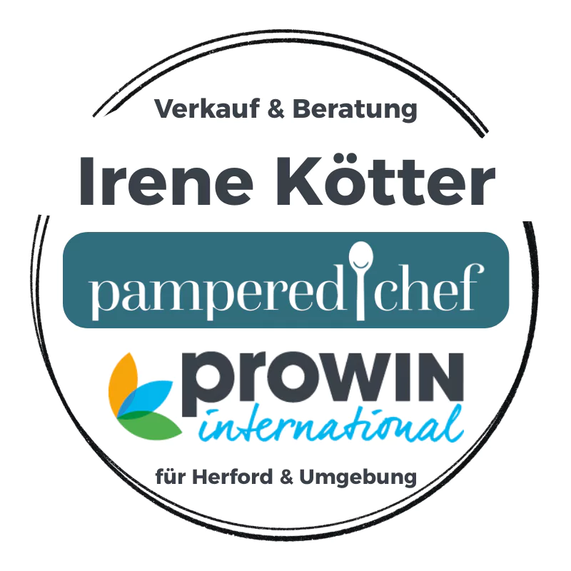 Kreisförmiges Logo mit Text: Verkauf & Beratung Irene Kötter, pampered chef, prowin international für Herford & Umgebung. Die Logos von pampered chef und prowin sowie ein Hinweis auf den Tag der offenen Tür März 2026 sind prominent sichtbar.