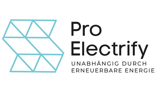 Logo von Pro Electrify mit einem geometrischen Muster aus blau umrandeten Dreiecken auf der linken Seite und dem Text Pro Electrify UNABHÄNGIG DURCH ERNEUERBARE ENERGIE auf der rechten Seite, in schwarzer Schrift auf weißer Hervorhebung Tag der offenen Tür März 2026.