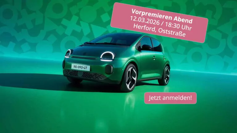 Ein grünes kompaktes Elektroauto steht auf grünem Hintergrund und weist auf den Renault Twingo Vorpremiere 2026 hin. Textboxen kündigen eine Vorpremiere am 12.03.2026 um 18:30 Uhr in Herford, Oststraße, an, darunter ein Button mit der Aufschrift Jetzt anmelden!.