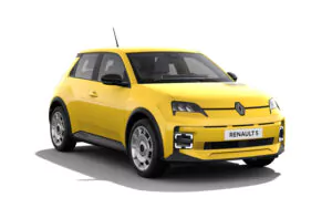 Ein gelber Renault 5 mit Fließheck ist schräg nach links auf weißem Hintergrund zu sehen. Das Auto hat ein modernes, kompaktes Design mit schwarzen Akzenten und markanten quadratischen Scheinwerfern.