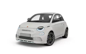 Ein weißer Kleinwagen der Marke Abarth wird schräg gezeigt, mit sportlichen Designelementen, LED-Scheinwerfern und Leichtmetallrädern, isoliert auf weißem Hintergrund.