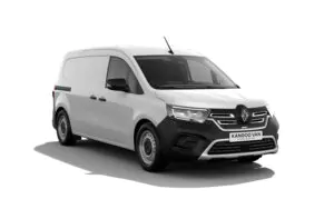Ein weißer Renault Kangoo Van ist auf einem einfarbig weißen Hintergrund abgebildet, von der linken Vorderseite aus gesehen, mit modernen Scheinwerfern, schwarzem Kühlergrill und Seitenspiegeln.