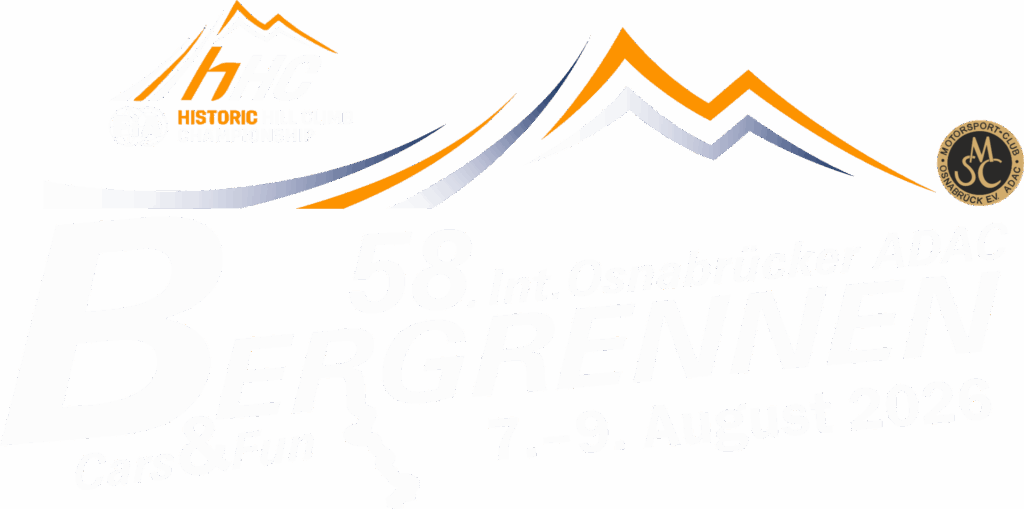 Logo für das 58. Internationale ADAC-Bergrennen in Osnabrück mit stilisierten Berggipfeln, den Veranstaltungsdaten (7.–9. August 2026) sowie den Schriftzügen „Historic Hill Climb Championship“ und „Cars & Fun“.